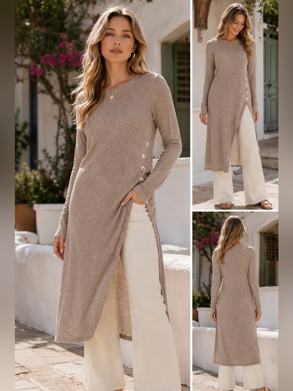 ShopEvelynne Taupe Long-Slit Button-Side Knit Tunic